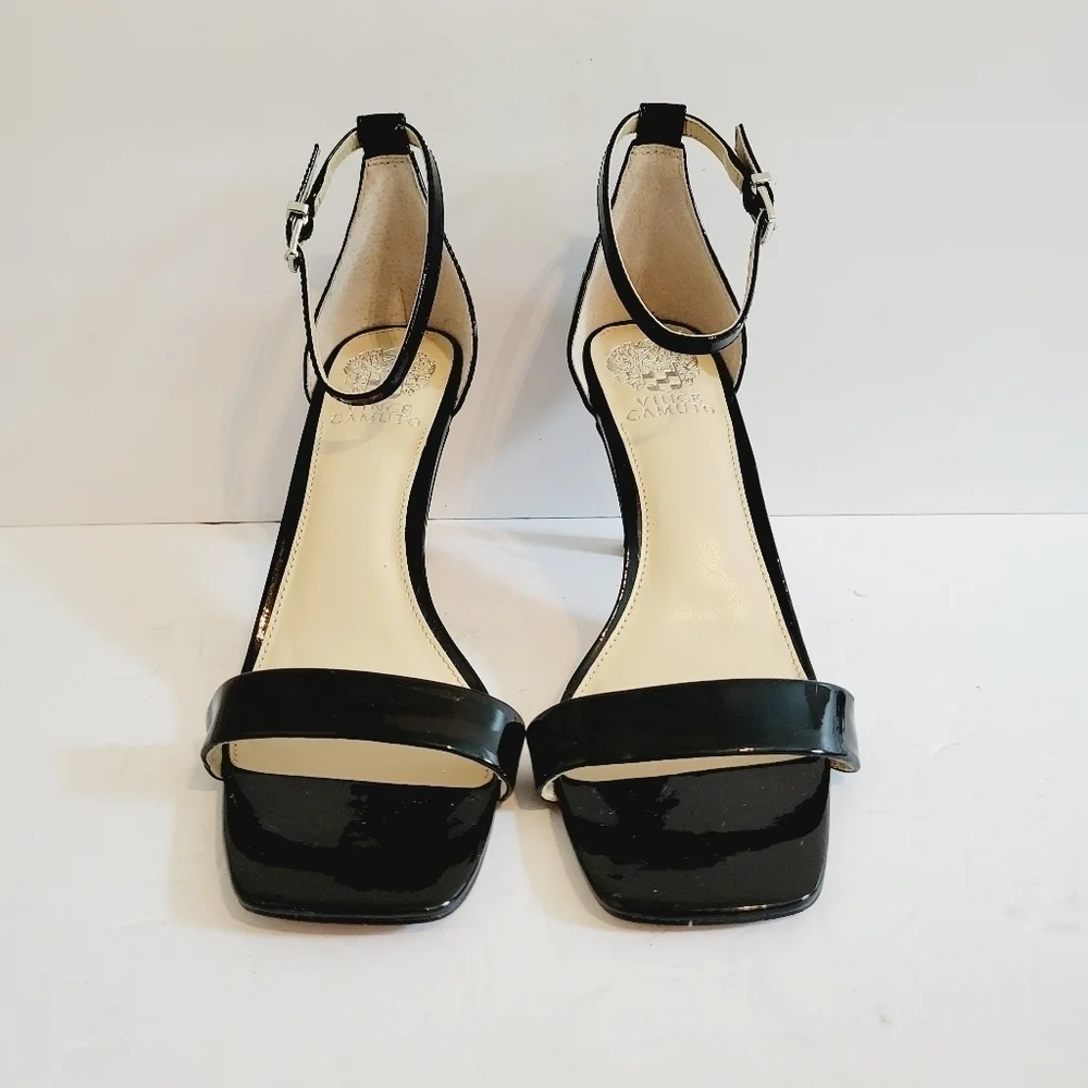 NEW Vince Camuto Enella Black Patent Leather Stiletto Heel Sandals Size 9.5
